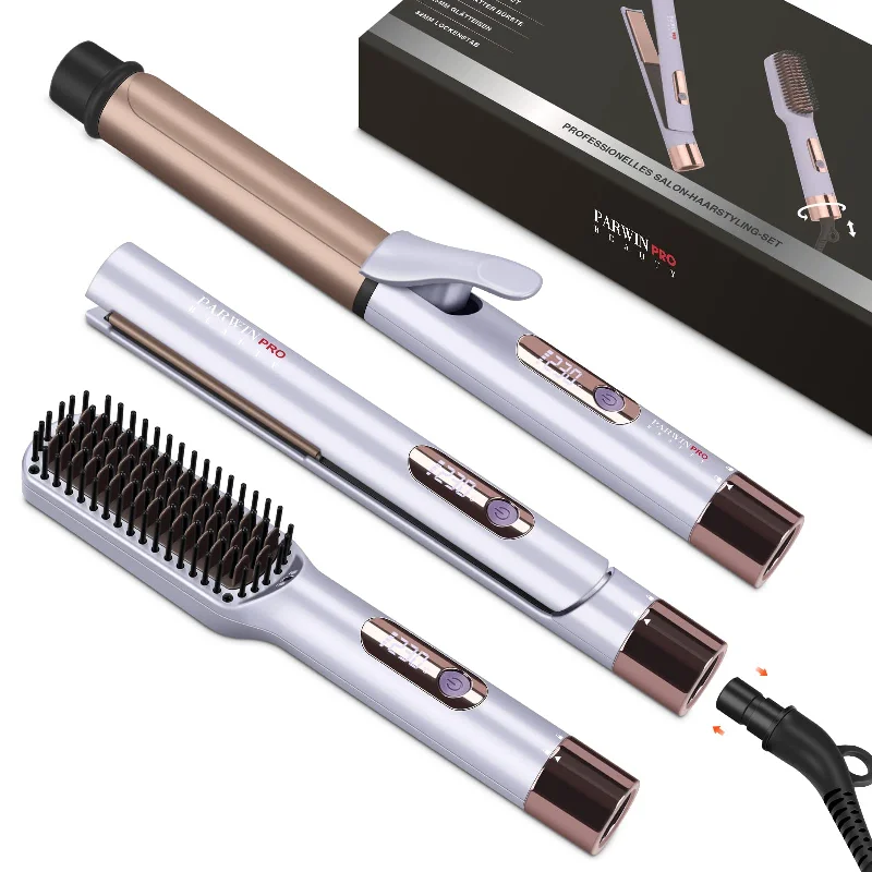 PARWIN PRO BEAUTY 3 In 1 Styling Set, Beinhaltet Glätteisen 25mm -Lockenstab 32mm & GlÄttbÜrste, mit Abnehmbarem Netzkabel, Led-temperaturregelung Und Sofortigem Aufheizen, für Zuhause Und Reisen